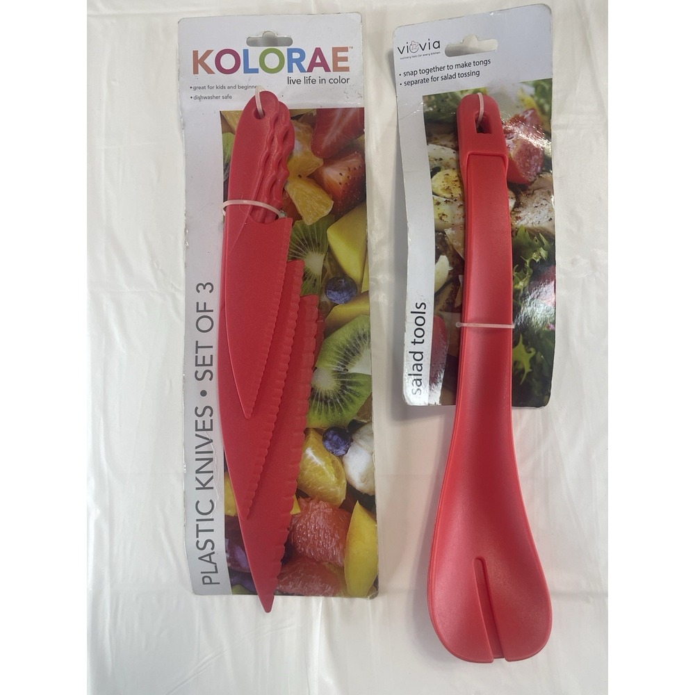 Kolorae Set of 3 Plastic Knives And Plastic Salad Tools Red Safe For Kids